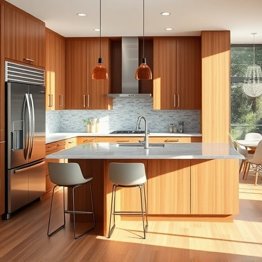 Modern kitchen layout redesign in the Triangle area with warm wood cabinetry, quartz countertops, and stainless steel appliances.