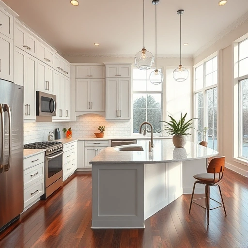 Modern kitchen installation in Hillsborough NC features neutral cabinetry, stainless steel appliances, and quartz island.