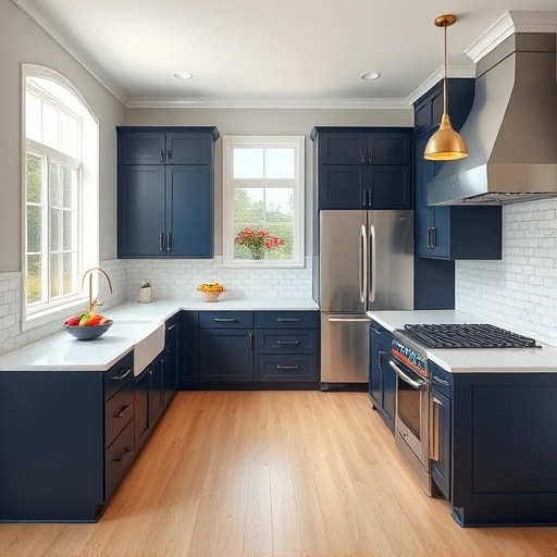 Spacious kitchen in Apex NC with light gray walls, navy blue cabinets, quartz countertops, and warm pendant lights.