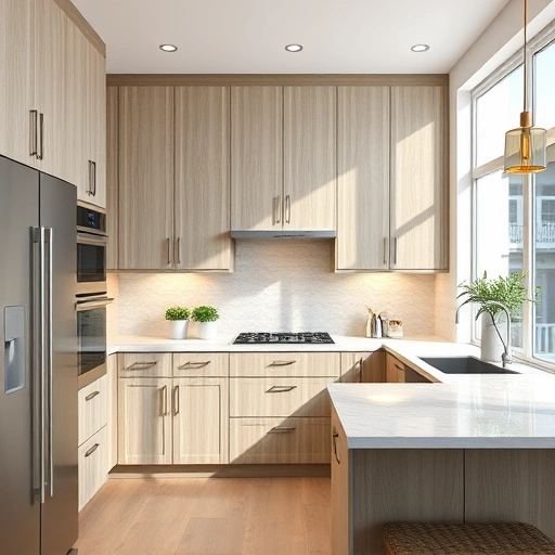 Elegant semi-custom kitchen with sophisticated cabinetry, marble countertop, modern appliances, and warm lighting.