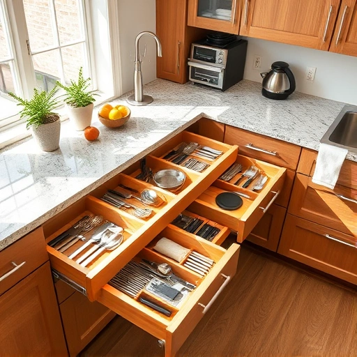 Drawer organizer installation in a stylish Triangle-area kitchen with polished wooden drawers and organized utensils.
