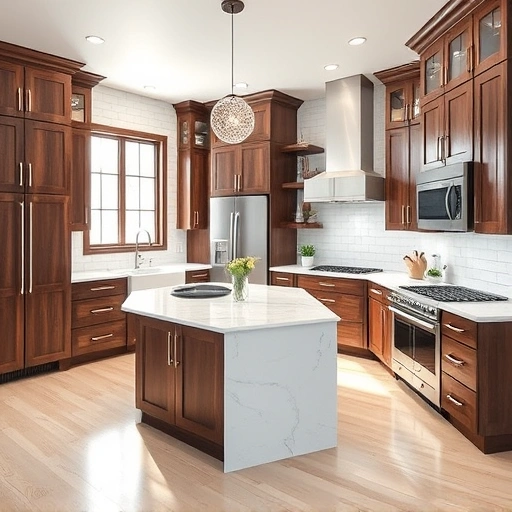 Spacious kitchen with dark wood cabinetry, light quartz countertops, farmhouse sink, and modern appliances in Apex NC.