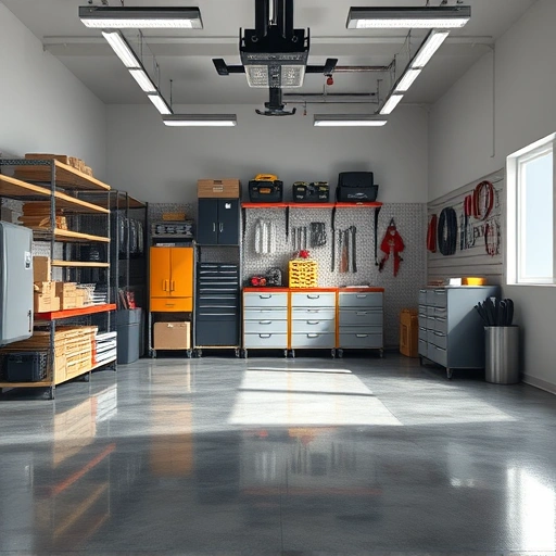 Well-organized garage in the Triangle area featuring custom shelving, labeled bins, polished concrete floor, and practical hooks.