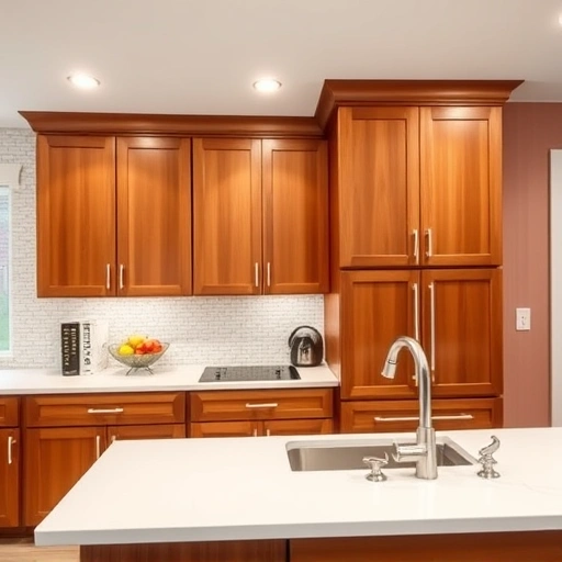 Kitchen in the Triangle area with new cabinet hardware, warm wood cabinets, white quartz countertops, and elegant decor.