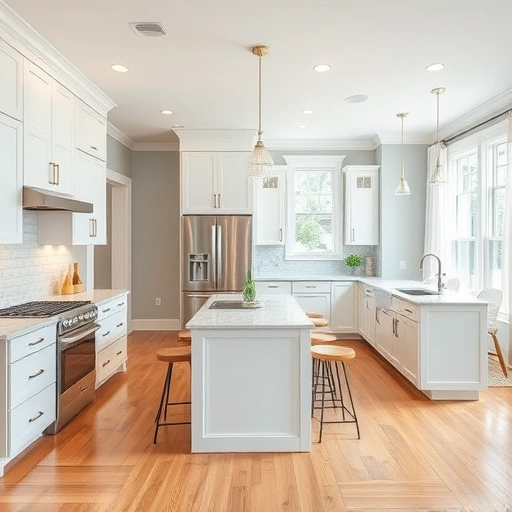 Modern kitchen remodel in Apex NC with white shaker cabinets, quartz countertops, and stainless steel appliances.