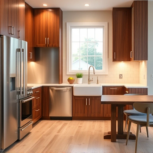New kitchen installation in Dunn, NC with walnut cabinetry, white quartz countertops, and modern appliances.