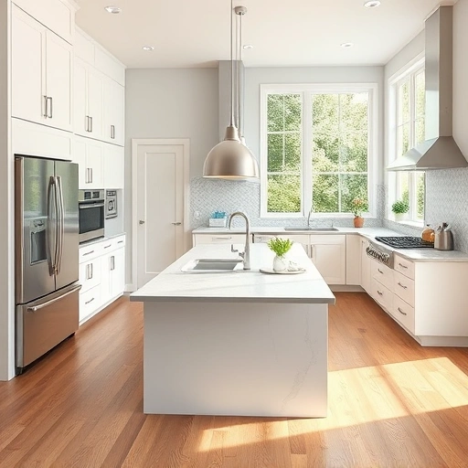 Spacious modern kitchen in Apex NC with white cabinetry, quartz countertops, large island, and natural light.