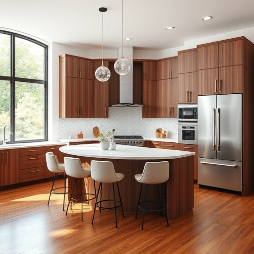 Modern kitchen redesign in the Triangle area with walnut cabinetry, quartz countertop, stainless appliances, and bright garden view.