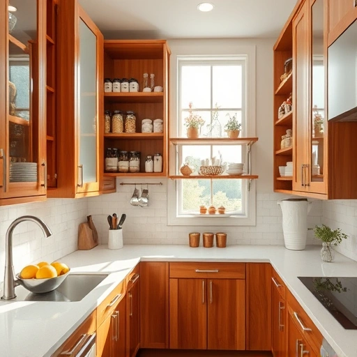 Pull-out shelf installation in a beautifully designed kitchen in the Triangle area with organized shelves and warm cabinetry.