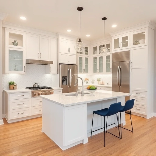 Modern Apex NC kitchen with neutral tones, quartz countertops, hardwood flooring, stainless appliances, and farmhouse sink.