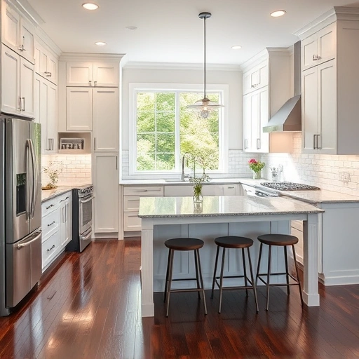 New kitchen installation in Rolesville NC featuring modern cabinetry, granite countertops, subway tile backsplash, and hardwood floors.