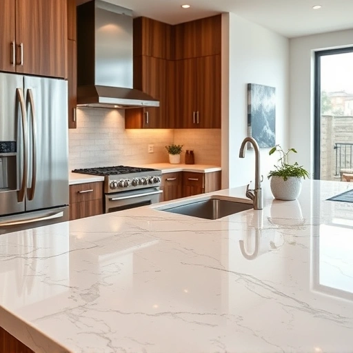 Quartz countertop installation in a modern kitchen with sleek surfaces, stainless steel appliances, and warm wood accents.