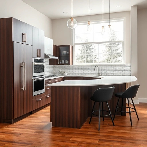 Contemporary kitchen in Angier NC featuring dark wood cabinetry, quartz countertops, and stainless steel appliances.