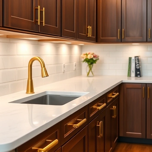 Elegant kitchen in the Triangle area featuring polished brass cabinet hardware, dark wood cabinets, and white quartz countertops.