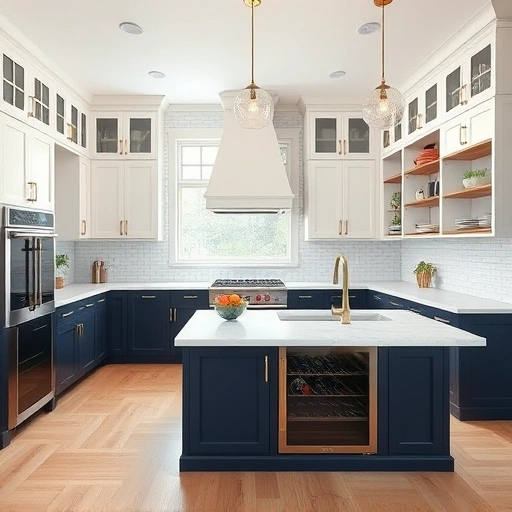 Spacious kitchen remodel in Apex NC featuring white and navy cabinetry, quartz countertops, and vintage pendant lights.