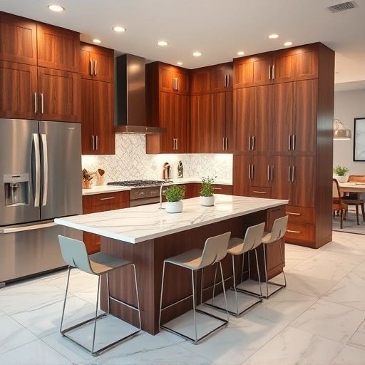 Modern kitchen installation in Fuquay-Varina NC featuring walnut cabinetry, marble countertops, and elegant tile backsplash.