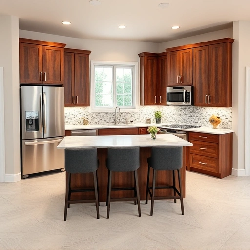 Modern kitchen installation in Archer Lodge NC featuring dark wood cabinetry, white quartz countertops, and stylish bar stools.
