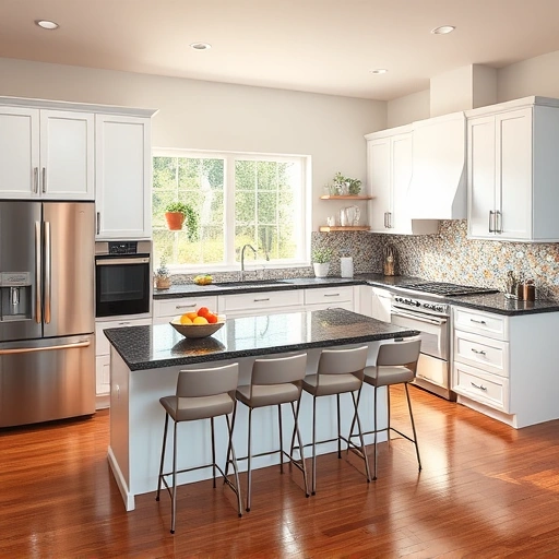 Modern kitchen redesign in the Triangle area featuring sleek white cabinetry, dark granite countertops, and natural light.