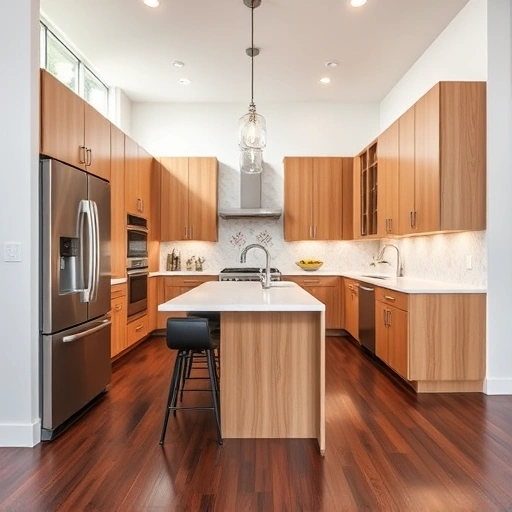 New kitchen installation in Kenly NC featuring modern oak cabinetry, quartz countertops, and stainless steel appliances.