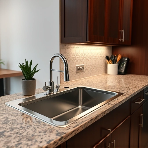 Modern kitchen sink installation in the Triangle area features stainless steel sink, granite countertop, and elegant tile backsplash.