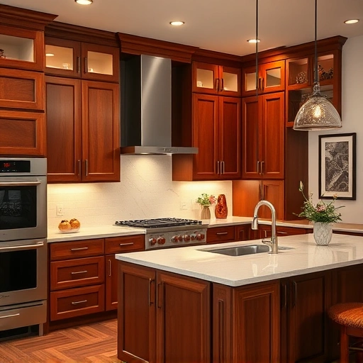 Modern semi-custom kitchen with elegant cabinetry, spacious island, stainless steel appliances, and warm lighting.
