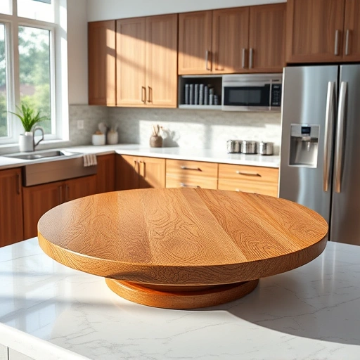 Beautifully crafted wooden Lazy Susan in a modern kitchen with oak, marble, and stainless steel features.