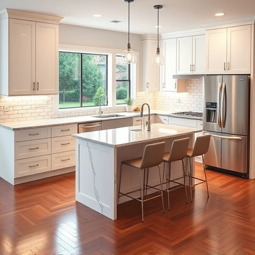 Modern kitchen in Durham NC with white cabinetry, granite countertops, and stainless steel appliances, bright and inviting.