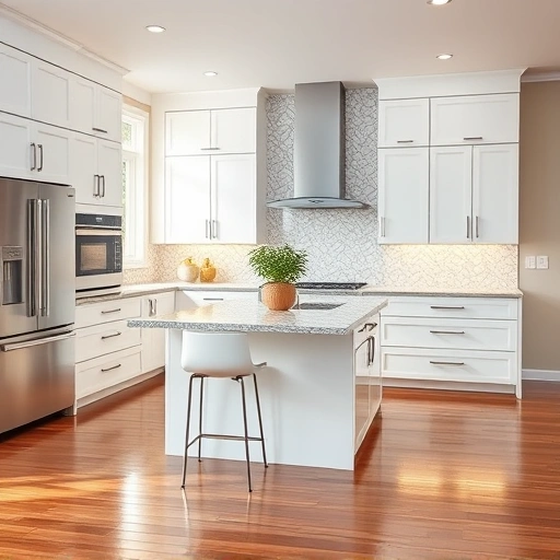 New kitchen installation in New Hill NC featuring modern white cabinetry, granite countertops, stainless appliances, and mosaic backsplash.