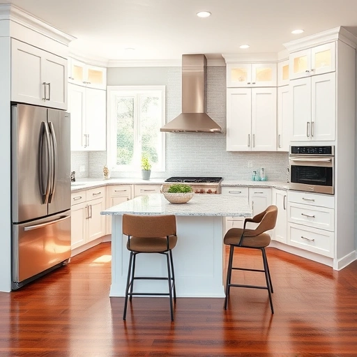 Modern kitchen in Kenly NC with white cabinetry, quartz countertops, stainless steel appliances, and hardwood flooring.