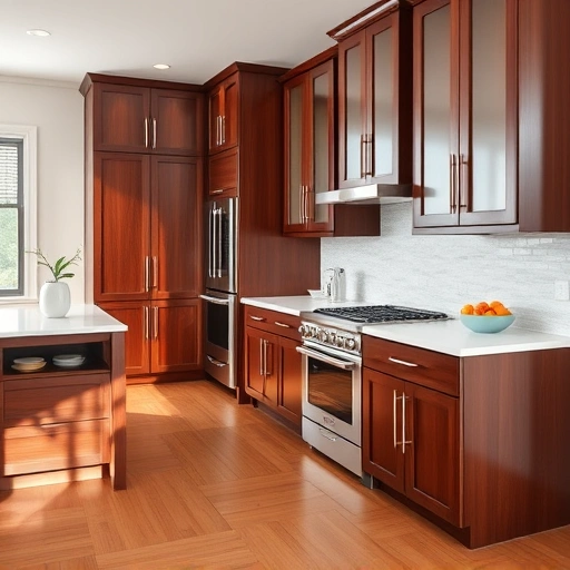 Elegant kitchen cabinet installation in the Triangle area with dark wood, white quartz countertops, and polished hardwood floor.