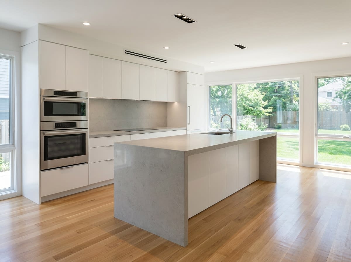 Sleek modern kitchen update with flat-panel cabinetry and a waterfall quartz island