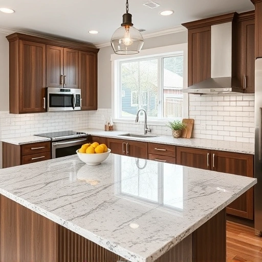 Perfectly completed kitchen countertop installation in the Triangle area with polished granite, walnut cabinetry, and elegant decor.