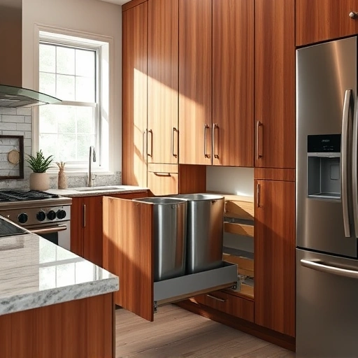 Trash pull-out cabinet installation in a modern kitchen with high-quality wood, stainless steel bins, and granite countertops.