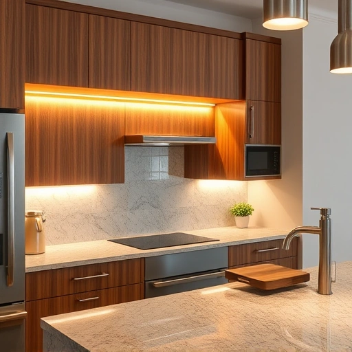 Modern kitchen in the Triangle area with inviting under-cabinet LED lighting showcasing elegant cabinetry and granite countertops.