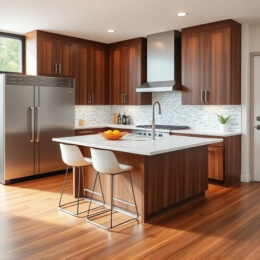Modern kitchen installation in Hillsborough NC featuring walnut cabinetry, quartz countertops, and stainless steel appliances.