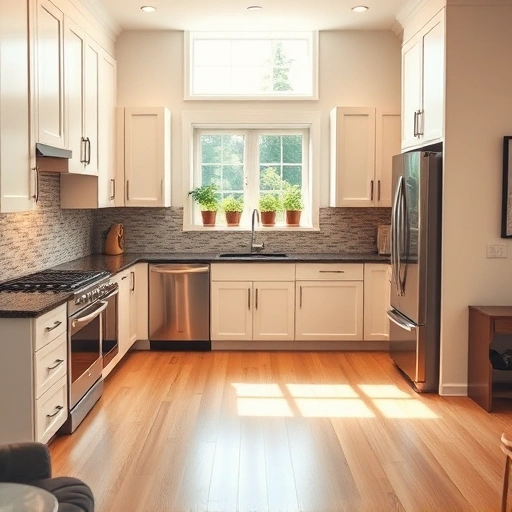 Modern kitchen installation in Garner NC featuring sleek white cabinets, dark granite countertops, and stainless steel appliances.