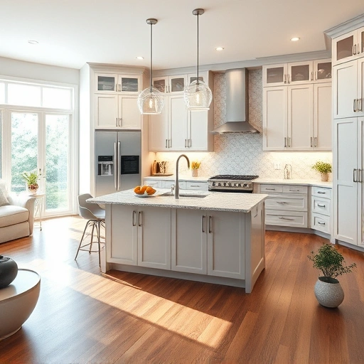 Modern kitchen installation in Angier NC featuring sleek design, high-end appliances, and elegant cabinetry.