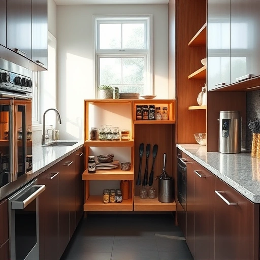 Pull-out shelf installation in a modern Triangle-area kitchen with wood shelves, stainless steel appliances, and granite countertops.