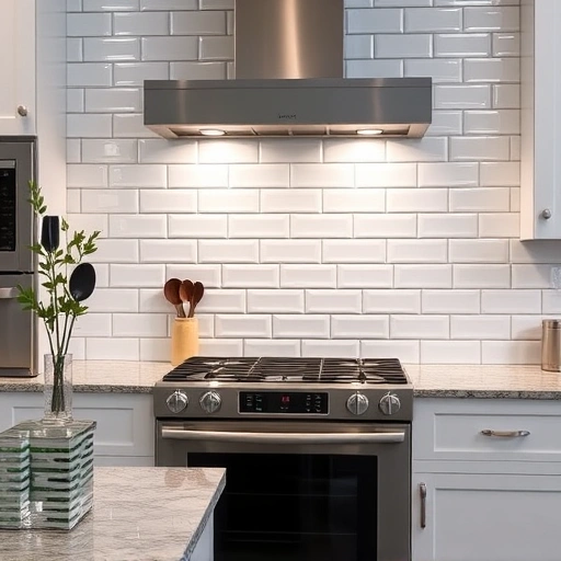 Completed kitchen backsplash in the Triangle area featuring glossy subway tiles in white and grey, modern appliances, and decor.
