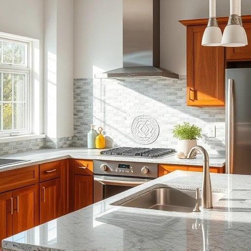 Completed kitchen backsplash in the Triangle area features gray and white mosaic tiles with modern geometric patterns.