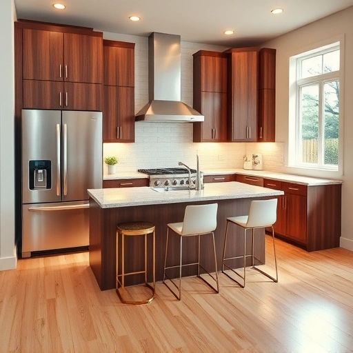 New kitchen installation in New Hill NC featuring walnut cabinetry, quartz countertops, and modern appliances.