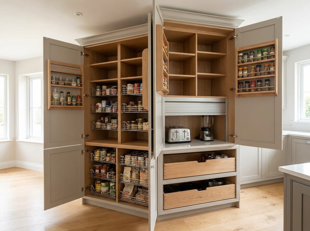 Custom kitchen pantry system with pull-out shelving and appliance garage