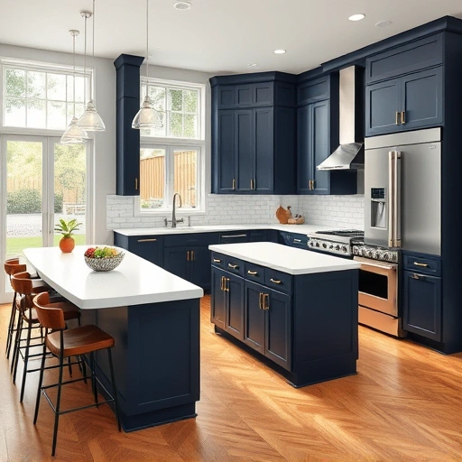 Modern kitchen remodel in Apex NC with navy cabinetry, quartz island, herringbone backsplash, and natural light.