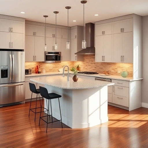 Modern kitchen installation in Pittsboro NC with sleek cabinetry, granite countertops, stainless appliances, and warm lighting.