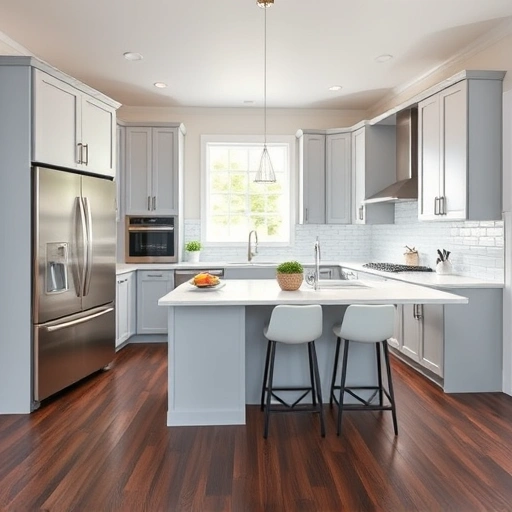 Modern kitchen installation in Wendell NC featuring gray cabinetry, white quartz counters, stainless appliances, and hardwood floors.