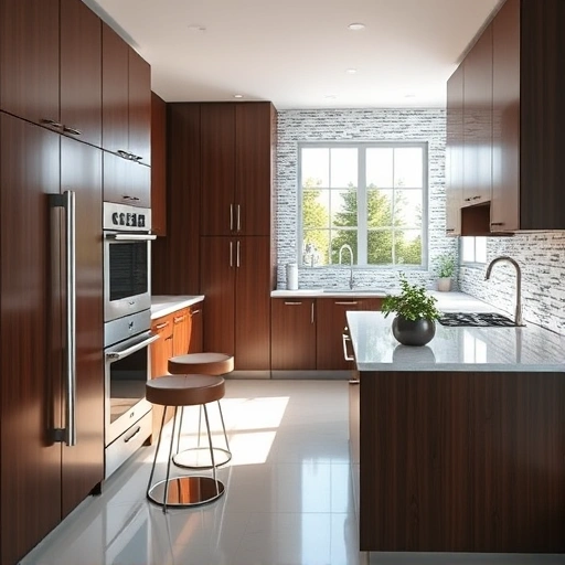 New kitchen installation in Hillsborough NC features dark wood cabinetry, quartz countertops, stainless steel appliances, and a mosaic backsplash.