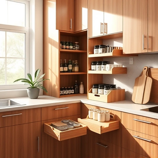 Pull-out shelf installation in a modern Triangle-area kitchen featuring organized spices and jars in high-quality wood shelves.