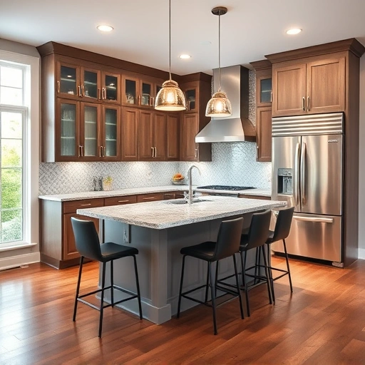 New kitchen installation in the Triangle area featuring elegant cabinetry, granite countertops, and stylish pendant lighting.