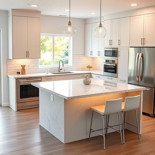 Kitchen island installation in the Triangle area featuring gray and white granite, modern cabinetry, and stainless steel appliances.