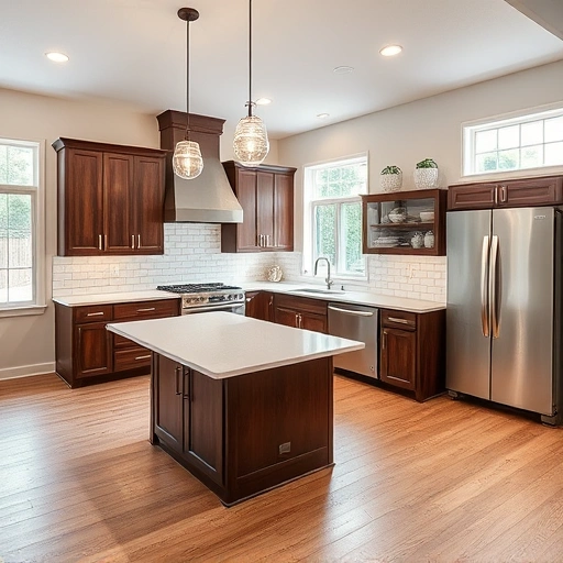 Spacious Apex NC kitchen remodel with dark wood cabinetry, quartz countertops, and modern appliances, perfect for entertaining.